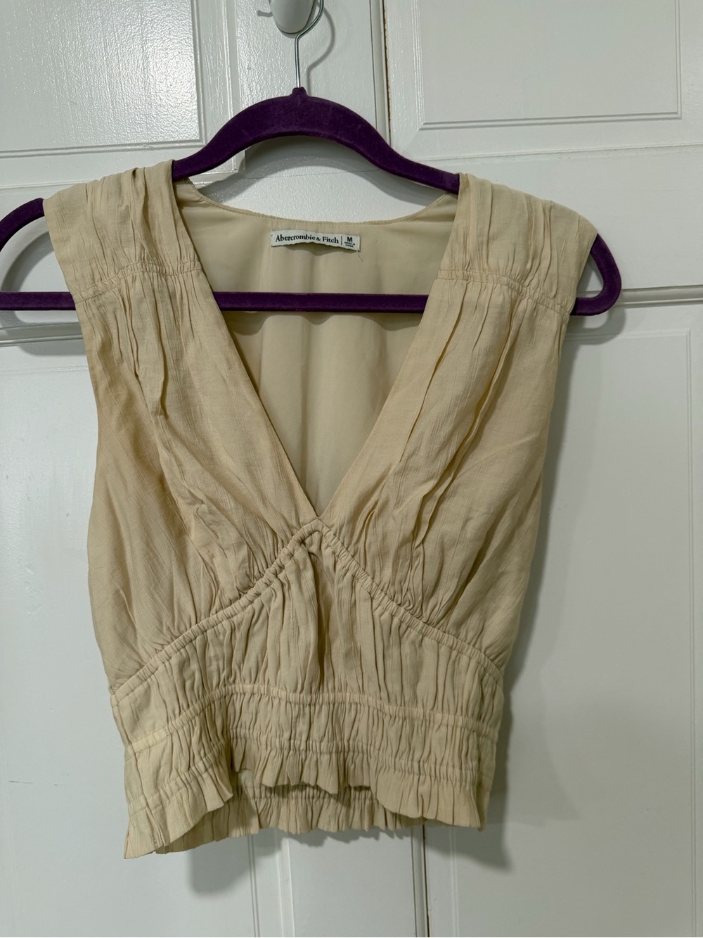 Abercrombie & Fitch Cream Sleeveless V-Neck Gathered Waist Top